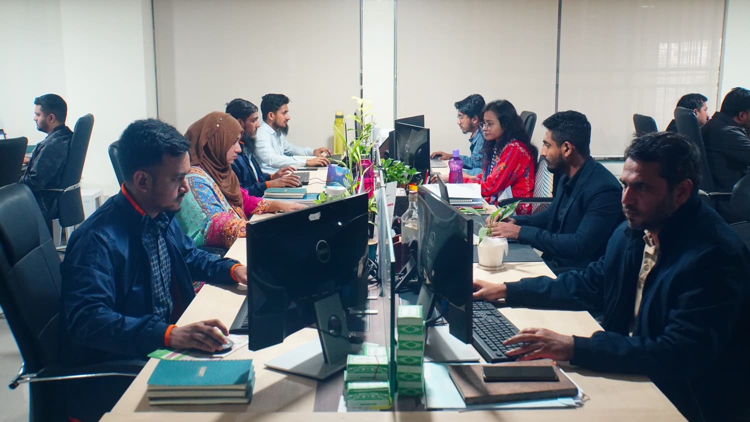 Team collaborating in modern workspace